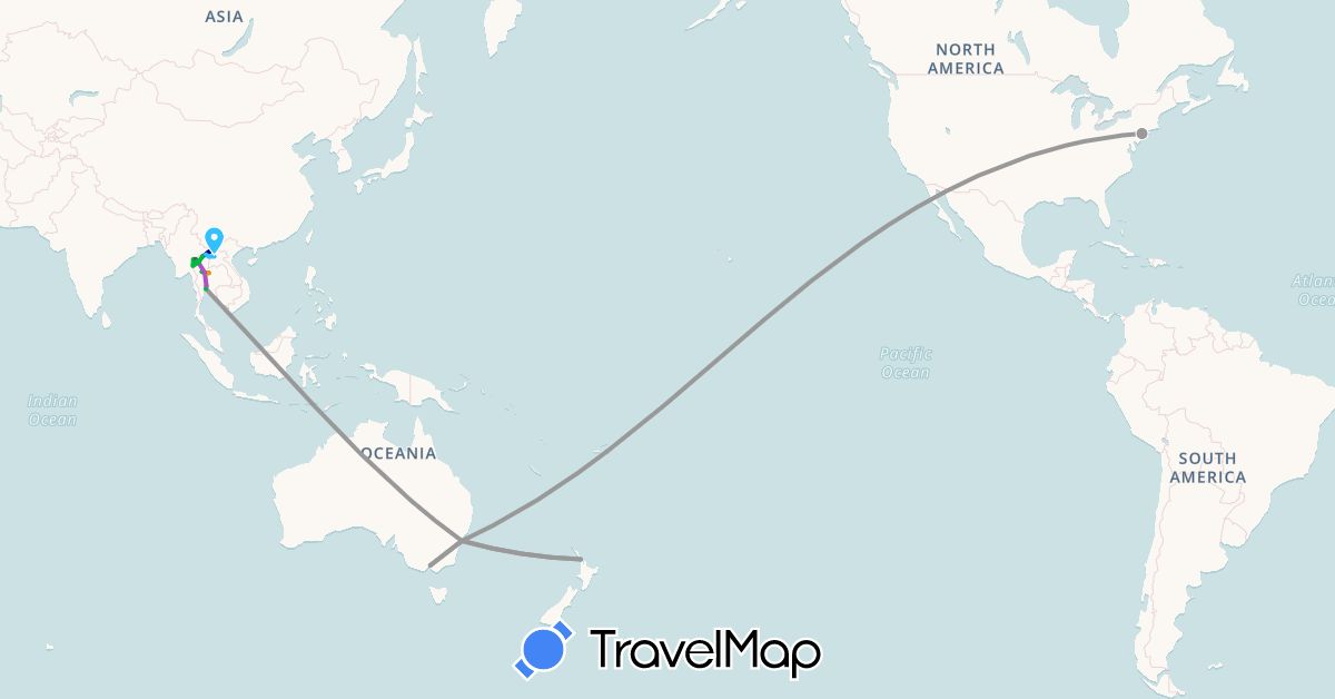 TravelMap itinerary: driving, bus, plane, train, boat, hitchhiking, motorbike in Australia, Laos, New Zealand, Thailand, United States (Asia, North America, Oceania)